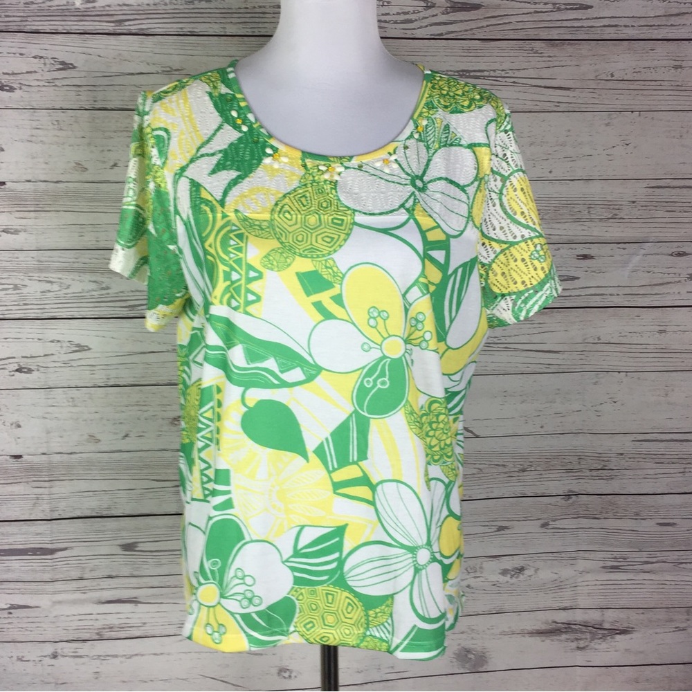 Alfred Dunner Floral Turtle Multicolor Beaded Stretch Knit Top